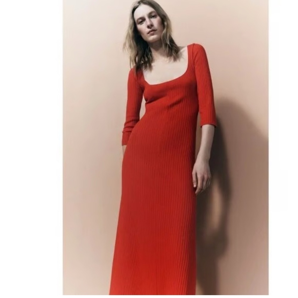 Zara ribbed midi red orange scoop neck holiday fall winter layering dress size L